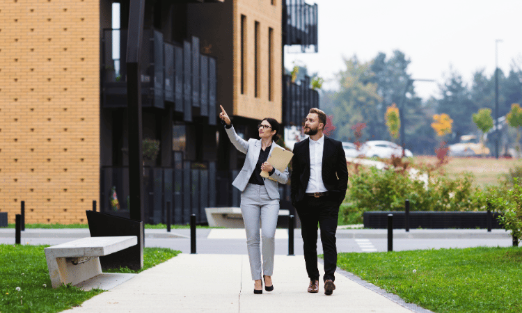 Professional property management business office with commercial buildings